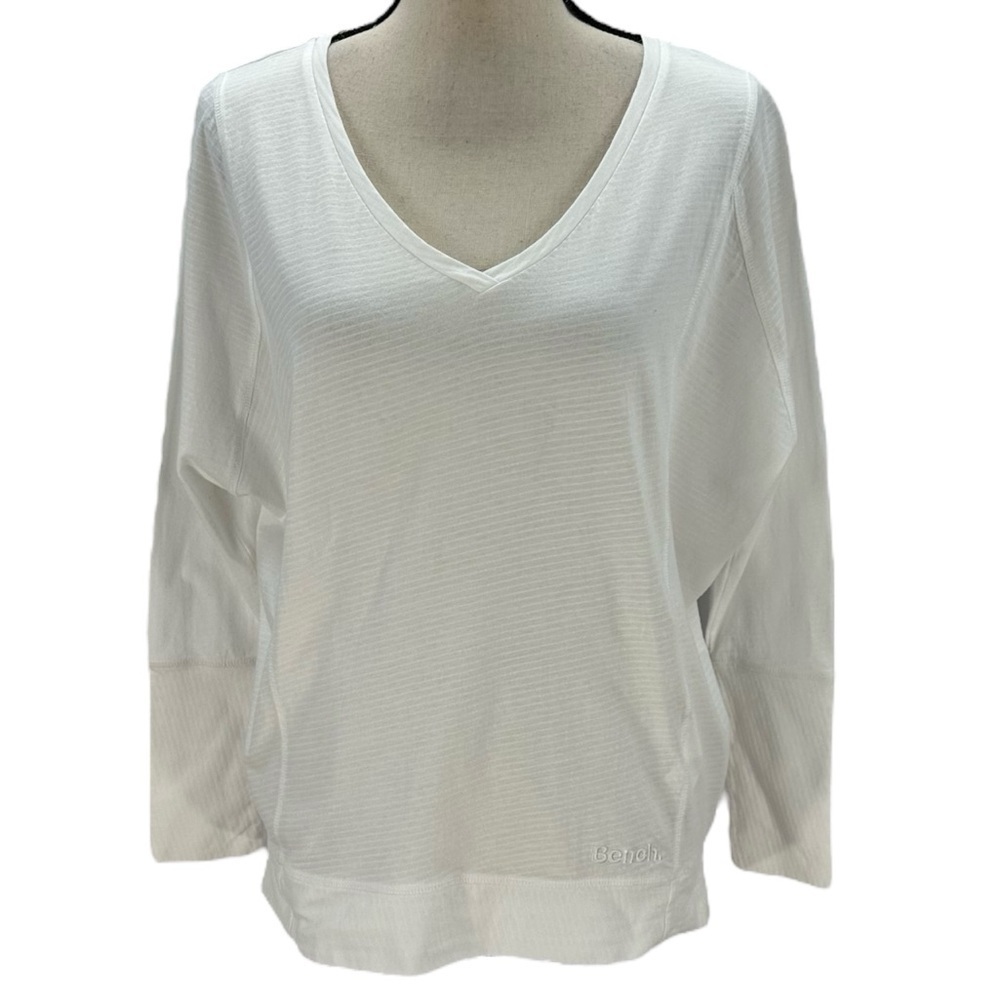 Bench Women's Long Sleeve V-Neck 100% Cotton T-Shirt - White - size Small